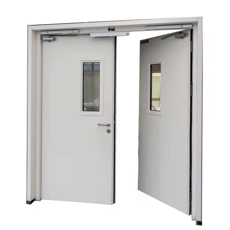 Double commercial steel doors with vision windows